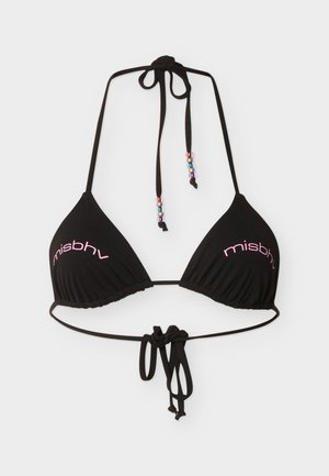 Black triangle bikini top with pink "misbhv" text on each cup and multicolored beads on halter neck ties, displayed on white background.