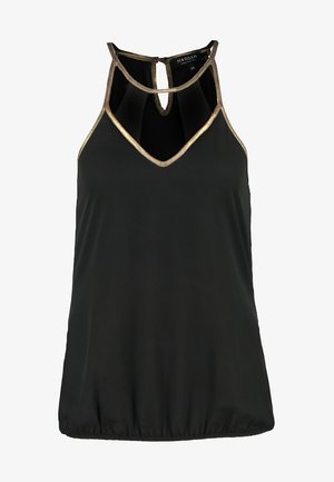 Schwarz ärmelloses Oberteil mit V-Ausschnitt, glänzendem goldenen Rand an den Kanten und lockerer Passform mit elastischem Saum. Detail mit Schlüsselaugenrücken.