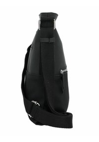Črna crossbody torba z teksturirano tkanino, elegantnim dizajnom, nastavljivim pasom in z zipom zaprto žepom na strani za shranjevanje.