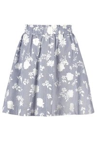 Blauw en wit verticaal gestreepte rok met wit bloemmotief en geplooide elastische tailleband.