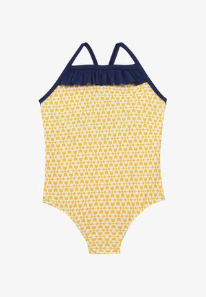 Maillot de bain une pièce jaune avec un motif géométrique blanc, haut marine avec détail froncé et bretelles ajustables. Tissu lisse et élastique.