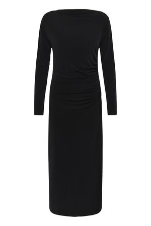 Sort langærmet midikjole med bådudskæring og rynkedetalje ved højre talje, figursyet silhuet.