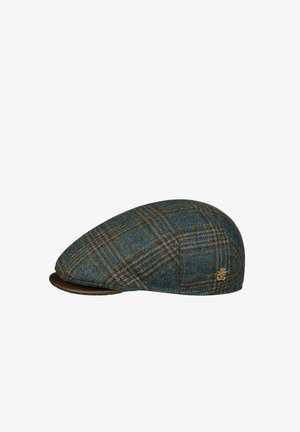 Flat cap with green and brown plaid pattern, featuring a small brown leather brim and a metal logo on the side.