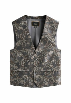 Grau paisley-musterte Weste mit satinierter Oberfläche, V-Ausschnitt, fünf Knöpfen und zwei Vorderentaschen. Verfügt über aufwendige Verzierungen und Designs.