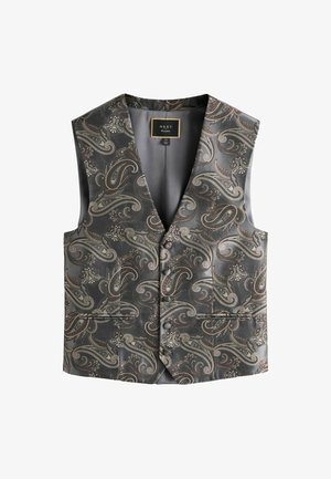 Szary kamizelka w wzór paisley z satynowym wykończeniem, dekolt w kształcie litery V, pięć guzików oraz dwie przednie kieszenie. Posiada skomplikowane detale i wzornictwo.
