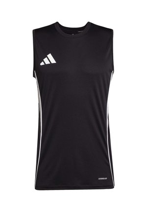 Black sleeveless athletic shirt made of moisture-wicking fabric. Features white accents and a triangular logo on the upper left side.