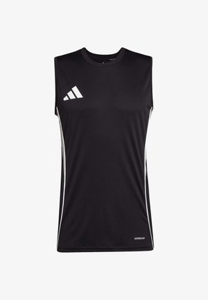 Zwarte mouwloze sportshirt gemaakt van vochtafvoerend materiaal. Heeft witte accenten en een driehoekig logo op de bovenste linkerzijde.