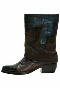 Brown and blue leather cowboy boots with a textured shaft, decorative stitching, and a stacked heel. Features crocodile pattern accents.