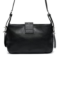 Borse a tracolla nera in pelle con superficie testurizzata, forma rettangolare, patta con chiusura magnetica e tracolla regolabile.