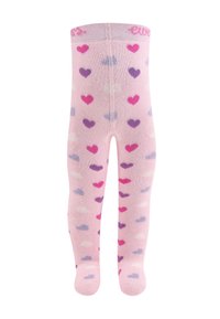 Pink tights made of soft fabric, featuring an all-over pattern of variously colored hearts in pink, purple, and blue.