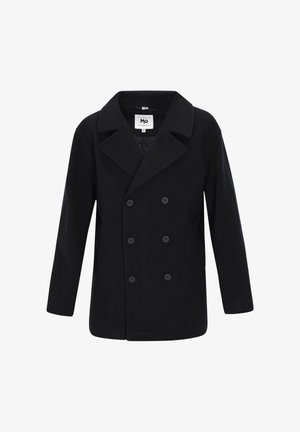Abrigo negro de doble botonadura hecho de tela suave, con un cuello ancho, mangas largas y seis botones en la parte delantera.