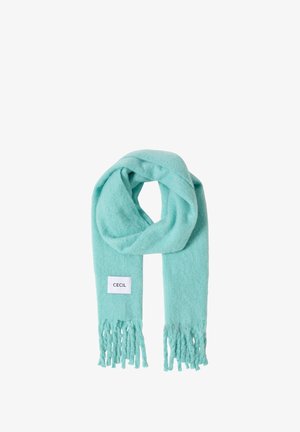 Foulard vert menthe en tissu doux, avec des extrémités à franges et une étiquette tissée portant le mot "CECIL". Design simple en boucle.