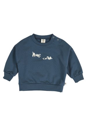 Marineblaues Baby-Sweatshirt mit langen Ärmeln, gerippten Bündchen und Saum, mit zwei verspielten weißen und schwarzen Welpenillustrationen auf der Vorderseite.