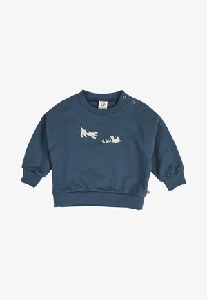 Marineblauw babytruitje met lange mouwen, geribbelde manchetten en zoom, met op de voorkant twee speelse illustraties van een witte en zwarte puppy.