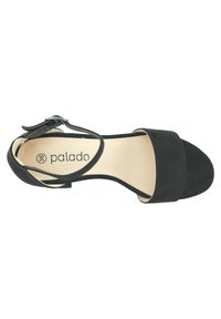 Sandalo con tacco alto in suede nero con una fascia larga sulla parte anteriore del piede e una cinturino alla caviglia regolabile. Etichettato "palado" all'interno.