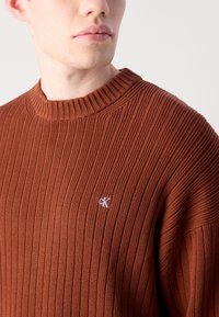 Roestkleurige geribbelde gebreide trui met een hoge ronde halslijn en een klein wit logo op de linkerborst. Zachte textuur, comfortabele pasvorm.