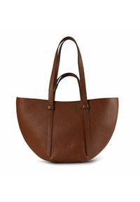 Borsa tote in pelle marrone con una forma strutturata e arrotondata, dotata di due manici lunghi e superficie testurizzata. Dettaglio del logo discreto sulla parte anteriore.