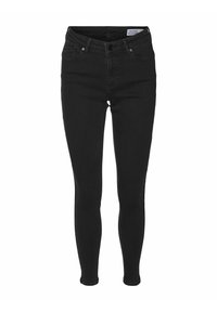 Jeans skinnies negros de denim, con un diseño clásico de cinco bolsillos, trabillas para el cinturón y un cierre de botón oculto en la cintura.