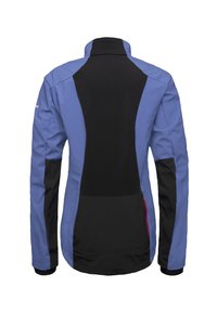 Chaqueta resistente al agua con un esquema de color azul y negro, con un alto cuello y un panel trasero negro en contraste. Incluye un bolsillo con cremallera.