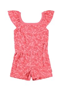 Flickors rosa terryklänning med volangärm och strukturerat blommönster, med fyrkantig halsringning och elastisk midja.