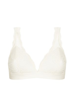 Lace bralette in off-white with a triangular shape, sheer lace fabric, scalloped edges, and a smooth, wide underband for support.