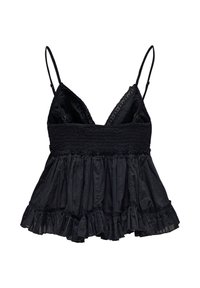 Top noir sans manches pour femme avec bretelles fines réglables, corsage froncé, bordure en dentelle sur les bonnets et ourlet volanté.