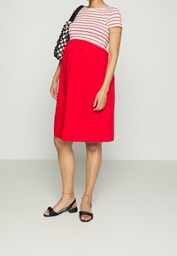 Röd ärmlös klänning med randig överdel, har en samla midja. En svart vävd handväska och svarta sandaler fulländar looken.