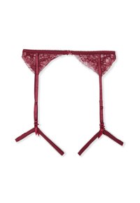 Burgunderroter Spitzen-Strumpfhalter mit verstellbaren Satinriemen, mit transparentem Design und gezackten Rändern, verziert mit kleinen Schleifen.