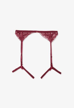 Burgunderroter Spitzen-Strumpfhalter mit verstellbaren Satinriemen, mit transparentem Design und gezackten Rändern, verziert mit kleinen Schleifen.