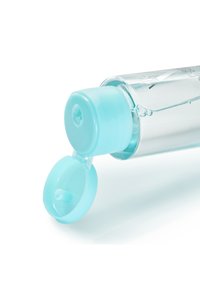 Clear plastic bottle with a light blue flip-top cap, partially open, revealing a smooth neck and liquid inside. Simple, functional design.