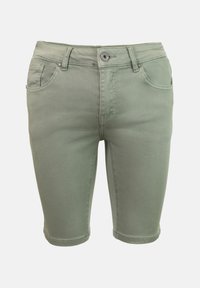 Bermudas en verde caqui de una suave mezcla de algodón, que cuentan con cinco bolsillos, pasadores para cinturón y un cierre de botón. Textura suave y longitud a la rodilla.