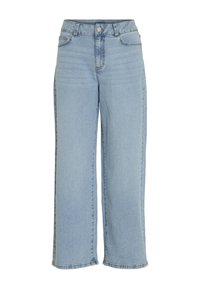 Jeans de tiro alto de mezclilla azul claro, con perneras amplias, bolsillos frontales y cierre de botón. Textura suave con un desvanecimiento mínimo.