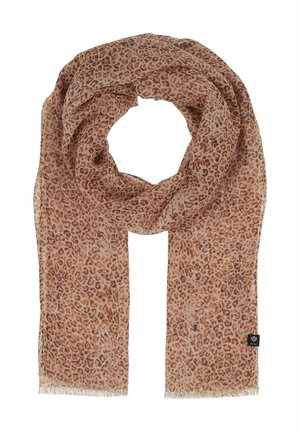 Lichtbruine sjaal met donkerbruine luipaardprint, franjes aan de randen en een klein zwart label in één hoek.