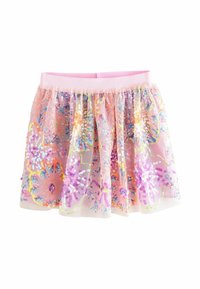 Jupe en tissu transparent avec une taille élastiquée rose, ornée de motifs floraux en sequins colorés de violet, bleu et jaune.