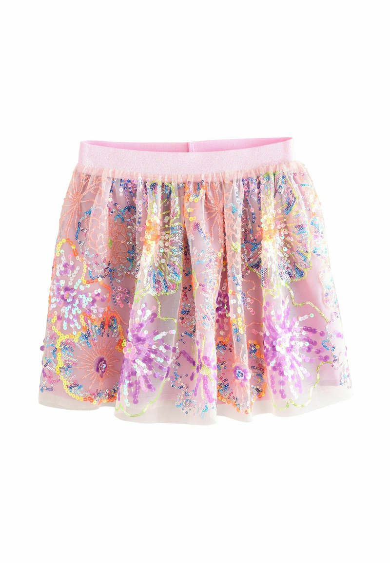 Jupe en tissu transparent avec une taille élastiquée rose, ornée de motifs floraux en sequins colorés de violet, bleu et jaune.
