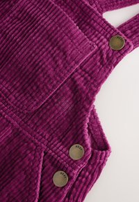 Salopette in velluto a coste viola con spalline larghe, due tasche frontali e bottoni in ottone con incisione "NEXT". Tessuto a coste con trama strutturata.