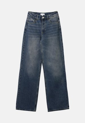Bredde ben jeans i mørkeblå denim med en falmet vask, med fem lommer samt knapp og glidelås lukking. Søm på hem og midjebånd.