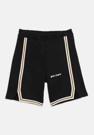 Short noir avec double rayures beiges le long des côtés et des ourlets, taille élastique et petit texte blanc "Palm Angels" sur la jambe gauche.