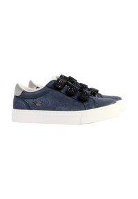 Marinblå sneakers med en texturerad ovandel, utrustad med tre svarta glittriga kardborreband och en vit gummisula.