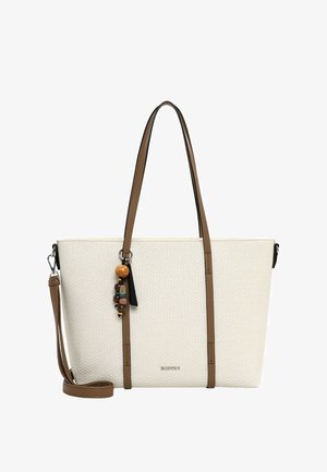 Beige textured tote bag with brown leather handles, detachable shoulder strap, and decorative multicolored wooden bead charm.