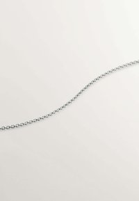 Cadena de metal plateado con eslabones ovalados entrelazados y una textura suave, dispuesta sobre un fondo claro, exhibiendo un brillo sutil.