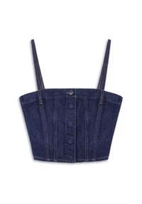 Top en denim cropped de couleur bleu foncé, avec un buste structuré, des bretelles ajustables et une fermeture à boutons sur le devant avec des détails de couture visibles.