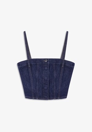 Top corto de mezclilla en azul oscuro, que presenta un corsé estructurado, tirantes ajustables y un cierre de botones en la parte delantera con un detalle de costura visible.