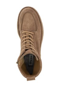 Suede ankle boot in light brown with a rounded toe, lace-up design, side zipper, and padded collar for comfort. Brand label visible inside.