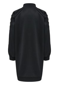 Svart atletisk klänning med hög krage, långa puffärmar och kontrasterande sidistroppar. Mjuk tyg med en slät textur och knälång design.