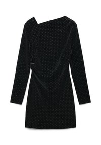 Abito in velluto nero con maniche lunghe, caratterizzato da una scollatura diagonale e un motivo a pois argentati su tutto il tessuto. Dettaglio di arricciatura laterale.