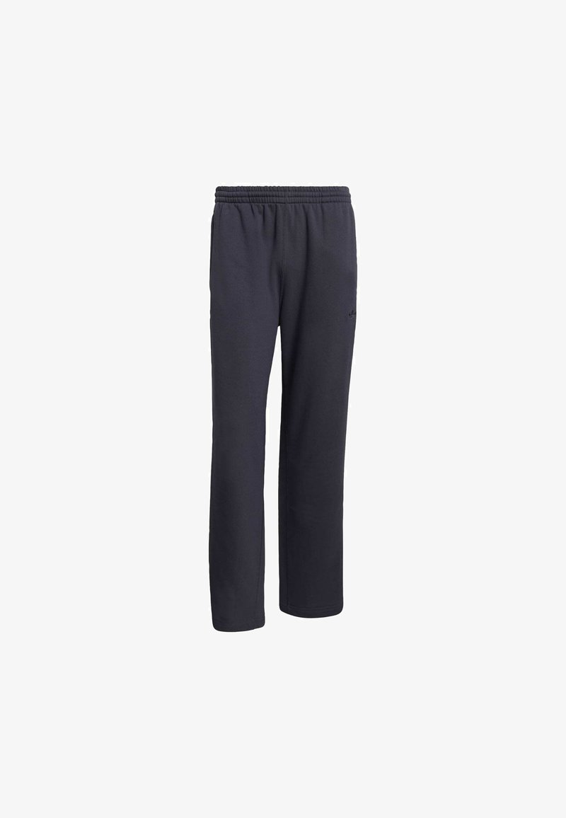 Navy blue sweatpants made of cotton blend fabric, featuring an elastic waistband and straight leg design, with a subtle logo detail.