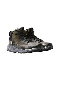 High-top athletic shoes in a camouflage pattern with black and grey accents. Fabric material with a textured surface and robust sole.
