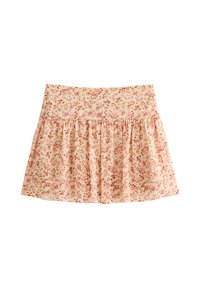 Blumiger Rock mit einem hellen Pfirsich-Hintergrund, der kleine rosa und braune Blumen zeigt. Geraffte Textur und ein Bund oben.