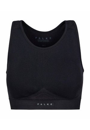 Zwarte naadloze sportbeha met brede schouderbanden, racerback-ontwerp en subtiel ventilatiepatroon onder de halslijn, voorzien van het label "FALKE" aan de voorkant en binnenin.